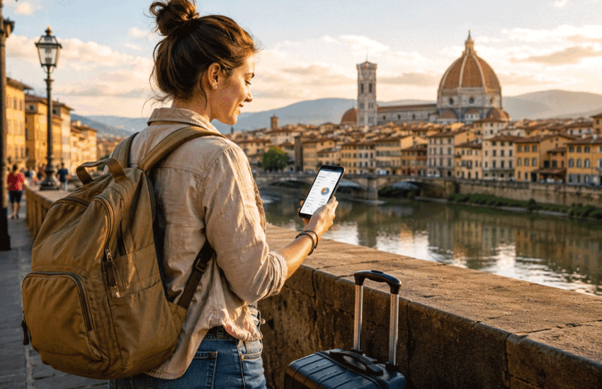 10 Smart Budget Travel Tips for Beginners featured image showing a traveler managing travel expenses during an international trip.