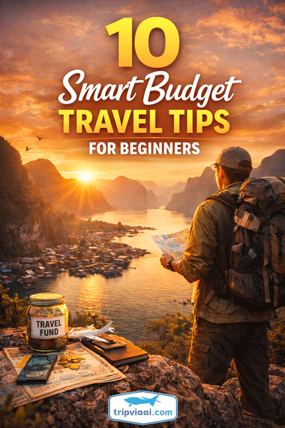 Beginner backpacker overlooking scenic sunset destination with budget travel essentials and text “10 Smart Budget Travel Tips for Beginners”