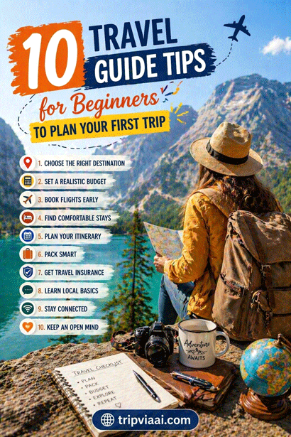 “travel guide tips for beginners infographic with backpack traveler, mountain view, map, and checklist for planning first trip.”