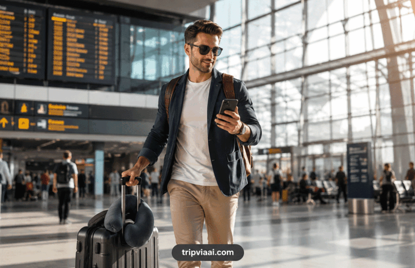 10 Travel Tips That Make You Travel Like a Pro featured image showing a confident traveler navigating an airport with organized luggage and travel essentials.