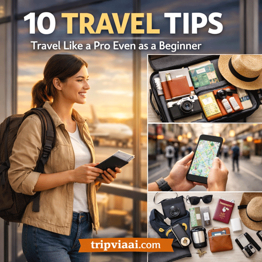 Beginner traveler at airport using smart travel tips with backpack, boarding pass, and organized travel essentials