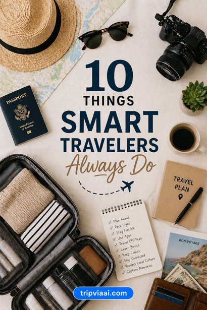 “smart travel planning setup with laptop, notebook, coffee and checklist showing habits of experienced travelers.”