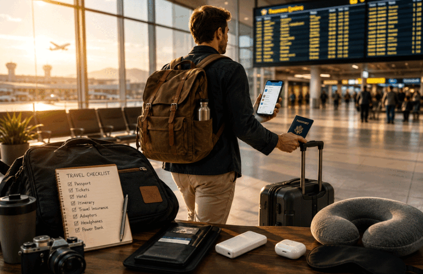 Pro travel tips traveler navigating an international airport with smart travel planning
