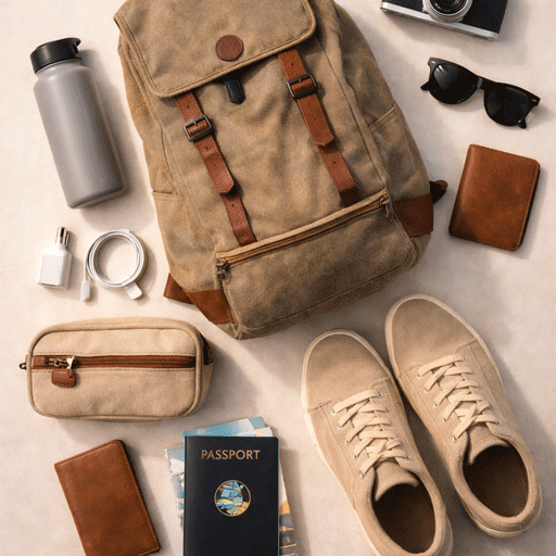 budget friendly travel gear items flat lay with backpack passport sunglasses and accessories