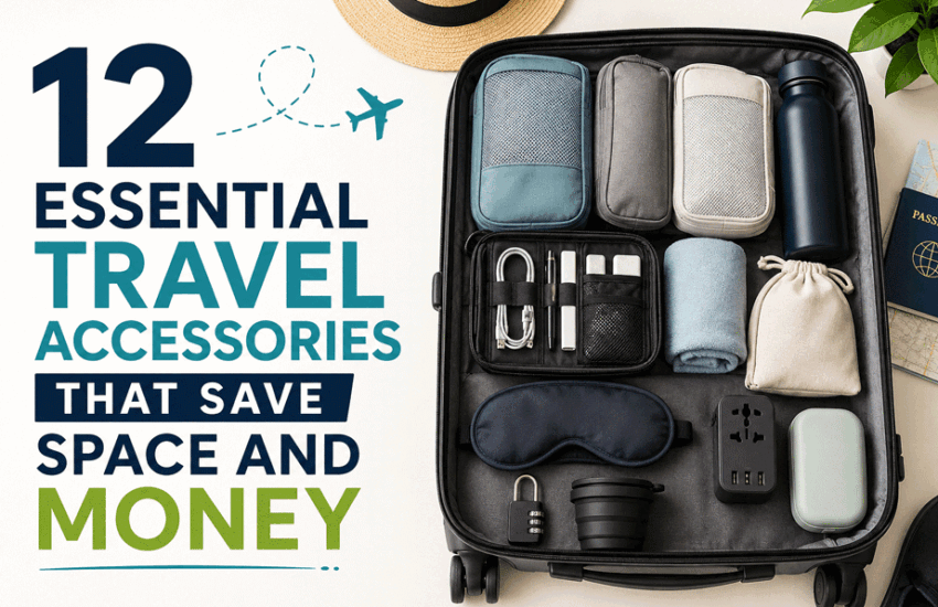 Travel accessories that save space and money organized inside a carry-on suitcase for smarter travel