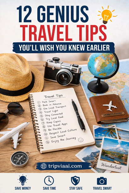 Flat lay of travel essentials with notebook showing 12 genius travel tips, passport, camera, map and planning setup
