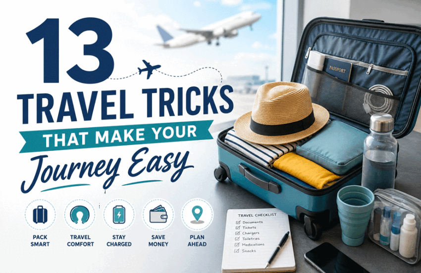 13 Travel Tricks That Make Your Journey Easy guide showing a smart traveler using practical travel hacks inside an international airport.