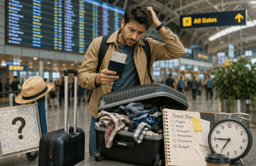 Travel mistakes to avoid in 2026 shown through a confused traveler navigating a busy international airport.
