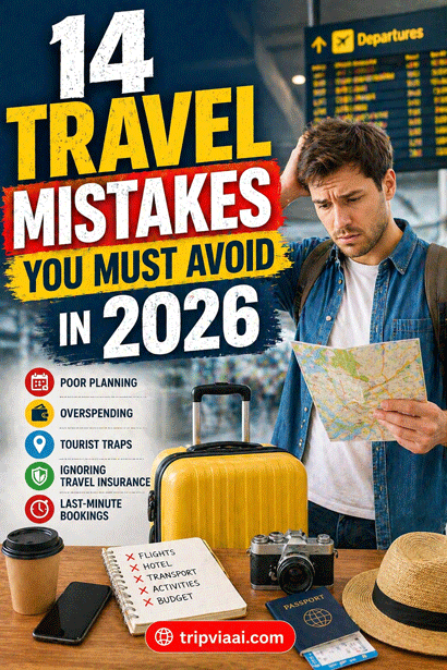 “travel mistakes to avoid in 2026 infographic showing confused traveler at airport with suitcase and map highlighting common travel errors.”