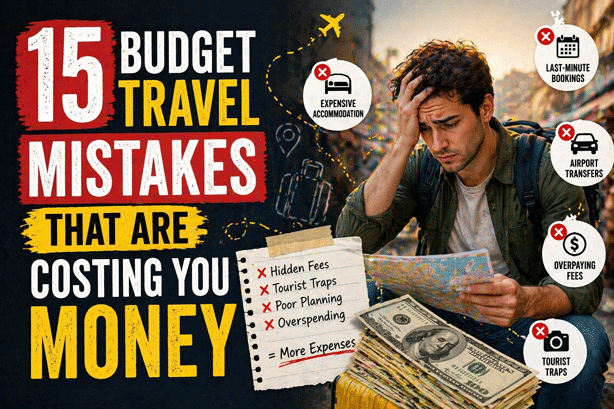 “budget travel mistakes infographic showing traveler stressed with map and common costly travel mistakes like hidden fees and poor planning.”