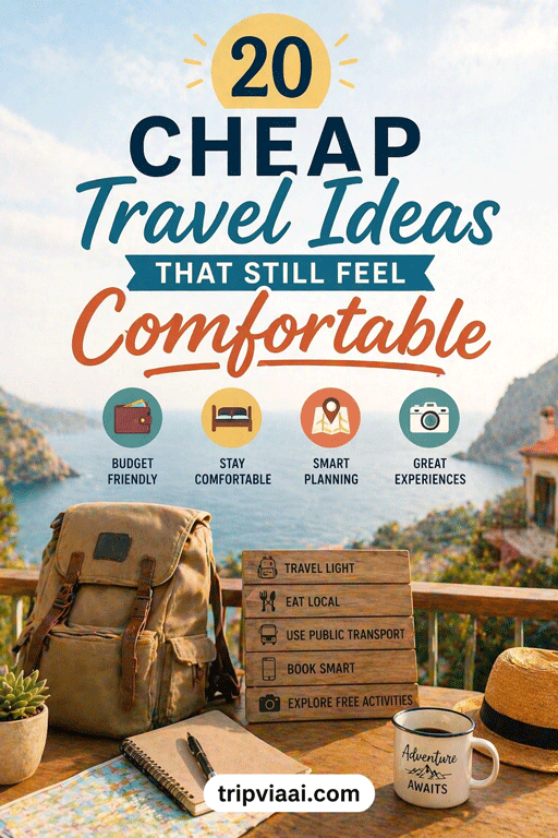 “budget travel ideas with comfortable setup showing traveler relaxing with backpack, coffee and scenic view in affordable destination.”