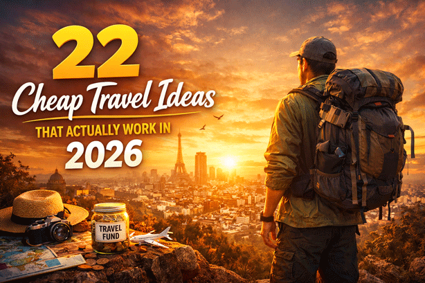 Backpacker overlooking a city at sunset with travel essentials and text “22 Cheap Travel Ideas That Actually Work in 2026” representing budget travel inspiration