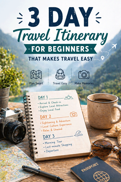 “3 day travel itinerary for beginners shown in notebook with camera, map, coffee and passport in scenic travel setup.”