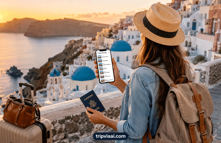 7 Day Travel Itinerary for Beginners traveler following a well-planned travel schedule with luggage and smartphone navigation