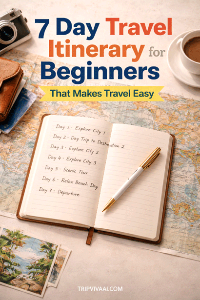 “7 day travel itinerary for beginners written in notebook with map, passport, coffee and travel essentials in flat lay setup.”