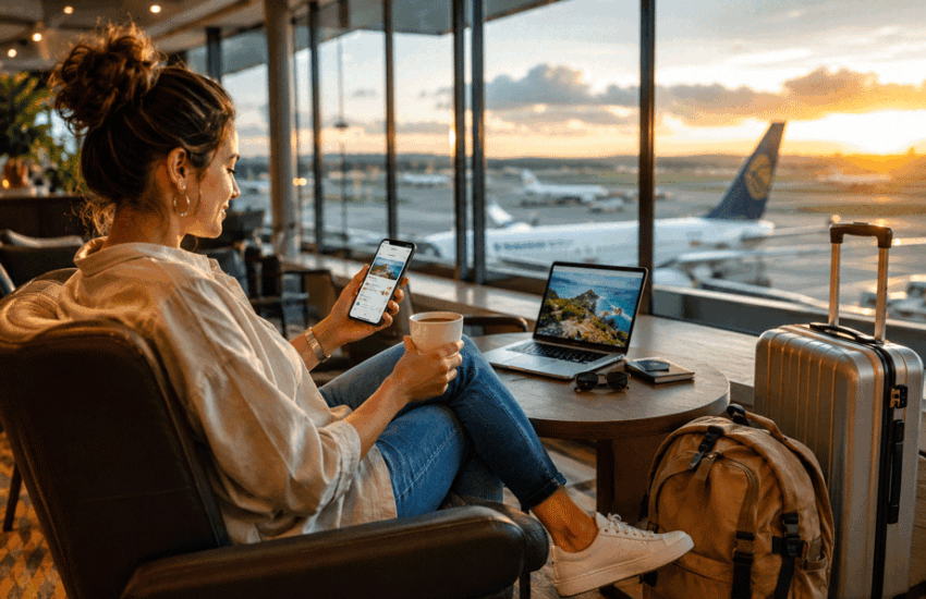 7 Smart Ways to Travel Cheap Without Sacrificing Comfort featured image showing a smart traveler enjoying affordable and comfortable travel