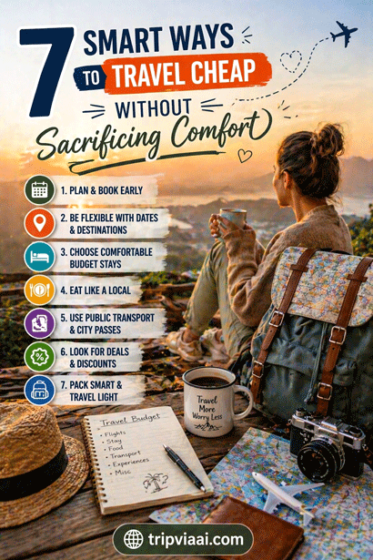 “budget travel tips infographic showing smart ways to travel cheap without sacrificing comfort with backpack, coffee, and travel essentials.”