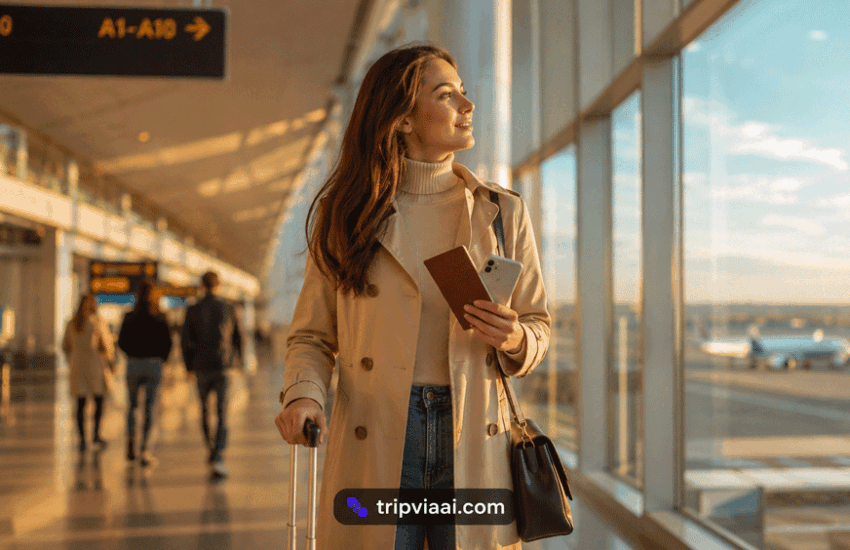 Confident first-time traveler walking through a modern international airport with passport, smartphone, and carry-on luggage during golden hour lighting, realistic beginner travel atmosphere, ultra realistic 35mm lens photography.