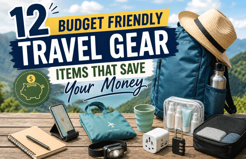 Budget friendly travel gear items including backpack, reusable water bottle, travel organizer, packing cube, travel adapter, and accessories that help travelers save money during trips.