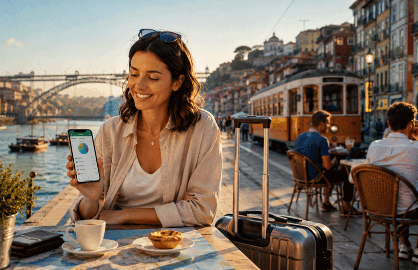 Smart budget traveler managing travel expenses on smartphone beside carry-on luggage at affordable riverside café during international trip, realistic budget travel lifestyle, 35mm travel photography.
