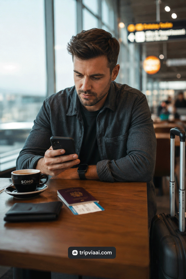 Casual traveler at airport café