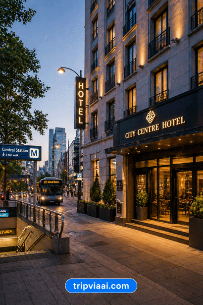 City center at dusk with hotel and metro