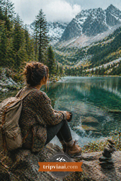 Contemplating the serene mountain lake
