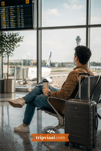 Contemplative traveler at airport gates