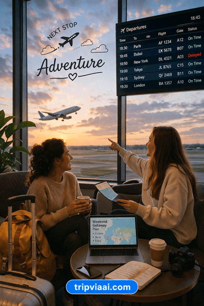 Cozy airport lounge with adventure vibes