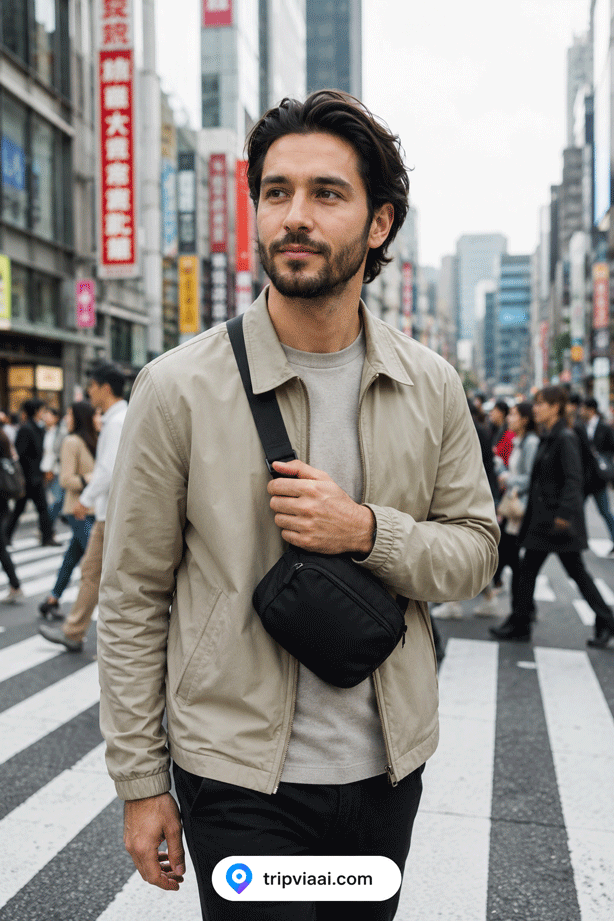 Man in busy city street scene