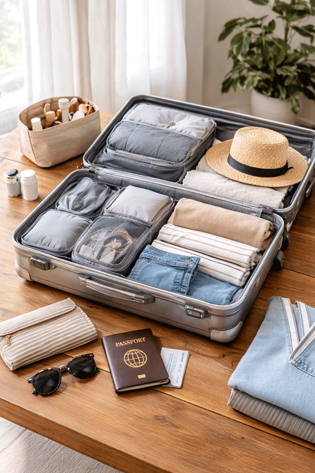 Minimalist Travel Packing Setup for budget travel tips