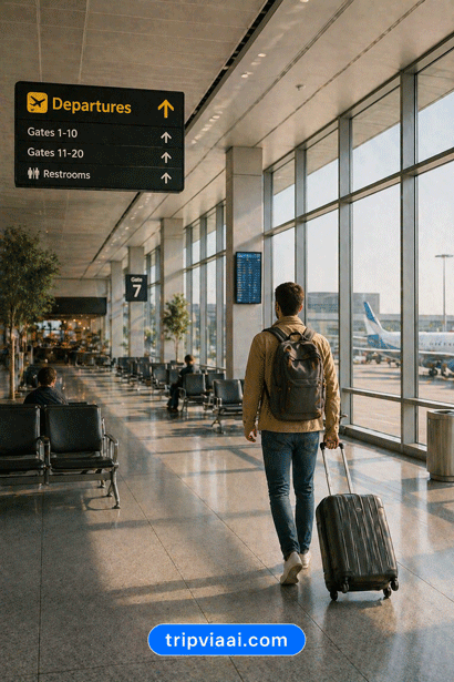 Modern airport terminal with travelers