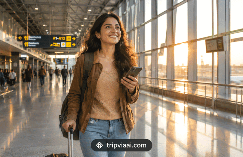 Beginner traveler confidently walking through modern international airport with organized luggage and smartphone navigation during golden hour travel scene.