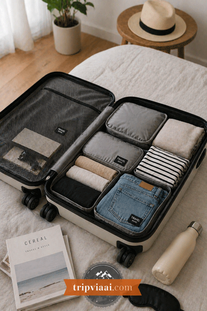 Packing essentials on a cozy bed