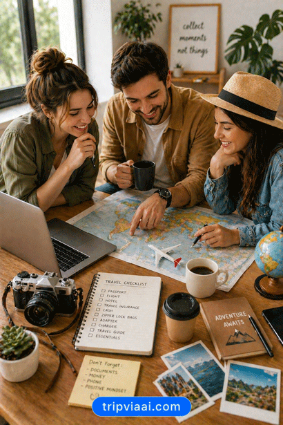 “first-time travelers planning trip with map, laptop, checklist and travel essentials in organized setup.”