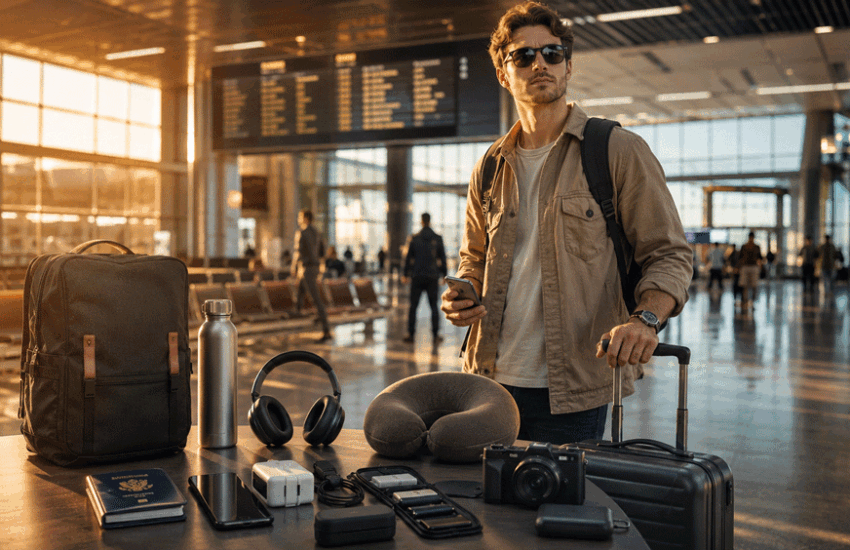Modern traveler standing beside organized must-have travel gear including passport, carry-on luggage, travel backpack, headphones, travel camera, reusable water bottle, and portable charger inside stylish international airport terminal with cinematic golden hour lighting and tripviaai.com badge.