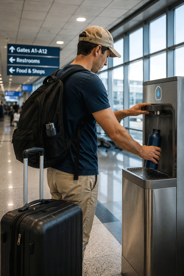 Reusable Water Bottle Saving Money During Travel
