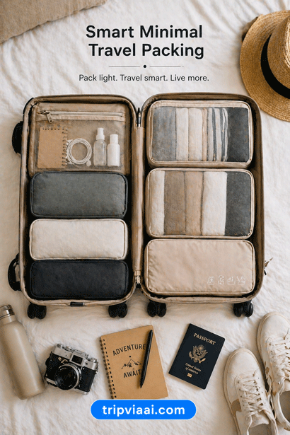 “minimal travel packing with organized suitcase, packing cubes, passport and essentials arranged neatly in 35mm style.”