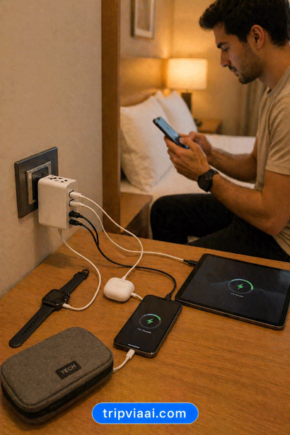 Tech setup in a cozy hotel room