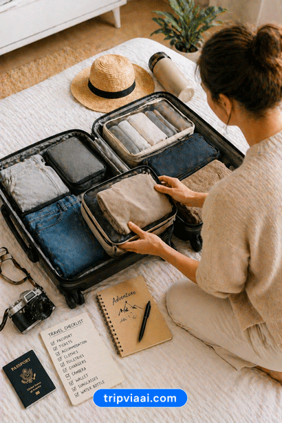 Travel essentials packing setup