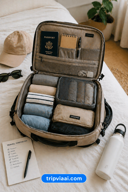 Travel essentials preparation flat-lay scene