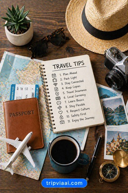 “travel tips flat lay with notebook listing 11 pro travel tips, passport, map, coffee and travel essentials on wooden desk.”