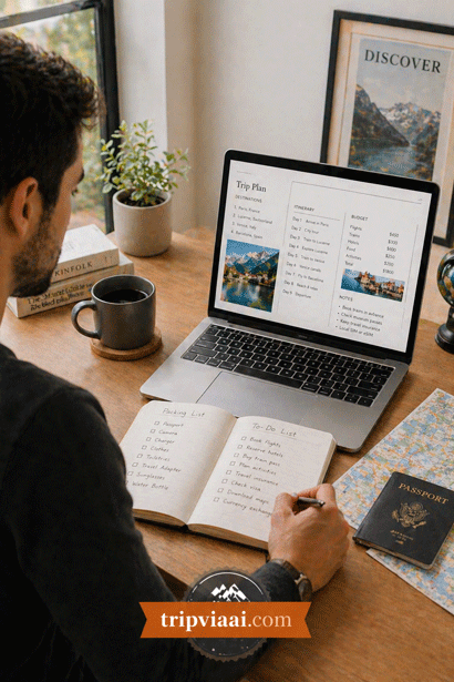 Travel planning in a cozy workspace