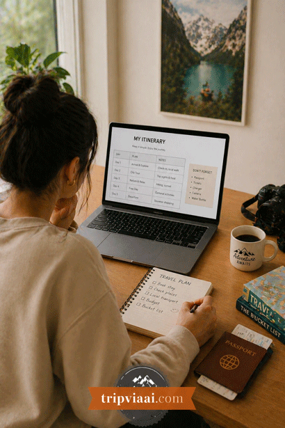 Travel planning on a cozy desk