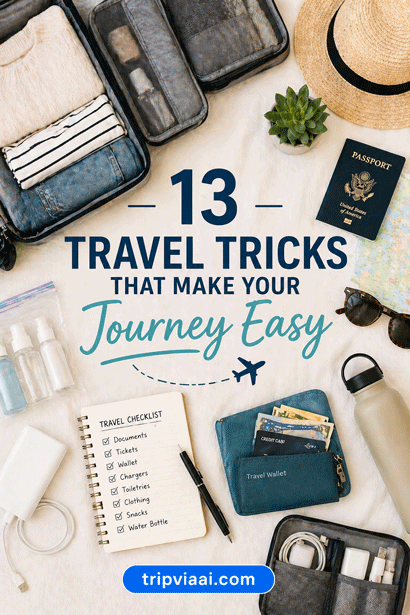 “travel tricks infographic with organized suitcase, travel essentials, passport and checklist showing easy travel tips for beginners.”