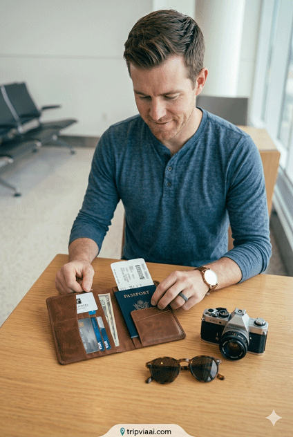Traveler organizing passport and tickets 