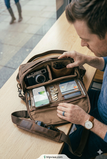 Traveler organizing travel essentials