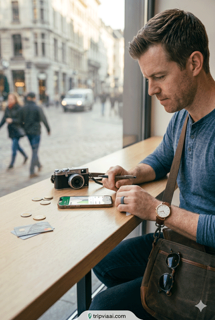 Traveler reviewing expenses on smartphone
