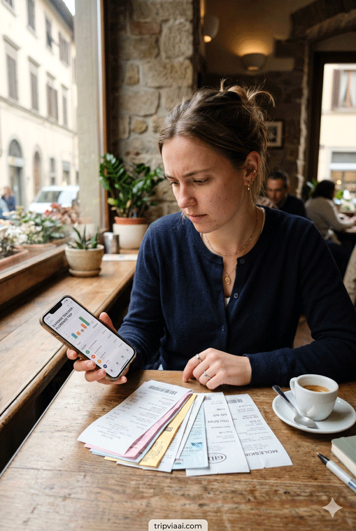Traveler reviewing expenses