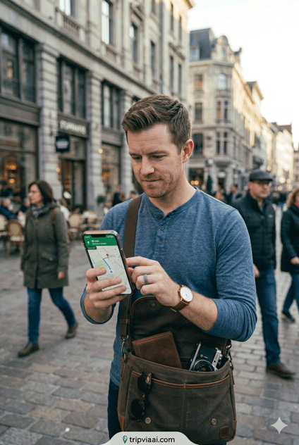 Traveler using smartphone navigation 